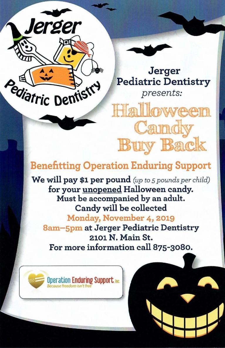 Flyer for Halloween Candy Buyback at Jerger Pediatric Dentistry in Decatur, IL