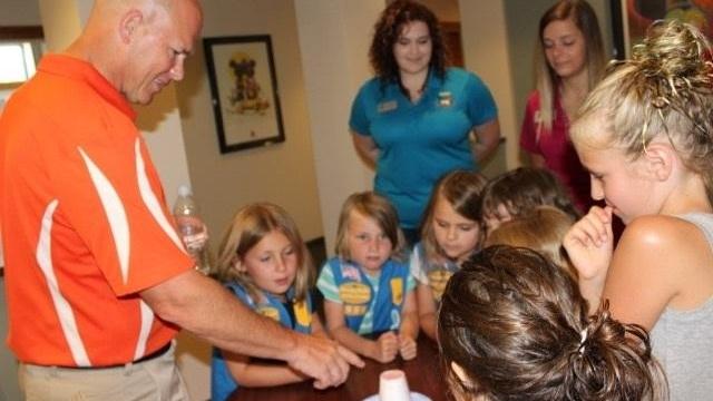 Dr. Bret teaching girl Scouts about Dental Health at Jerger of Jerger Pediatric Dentistry